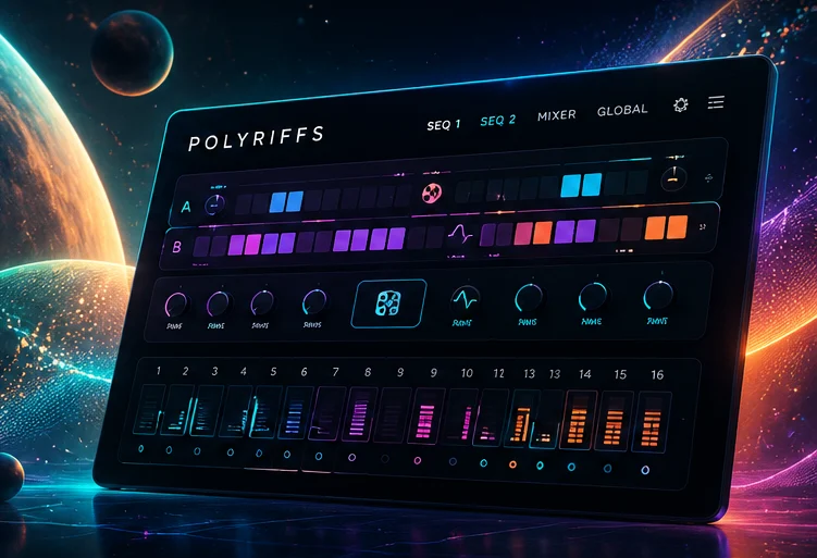 Glowing futuristic synthesizer interface surrounded by cosmic light