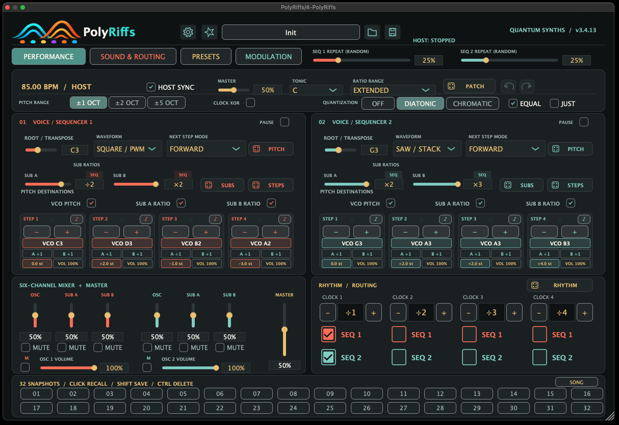 PolyRiffs version 3.4.13 Performance interface with two independent sequencers, rhythm routing, 32 snapshots and Song button