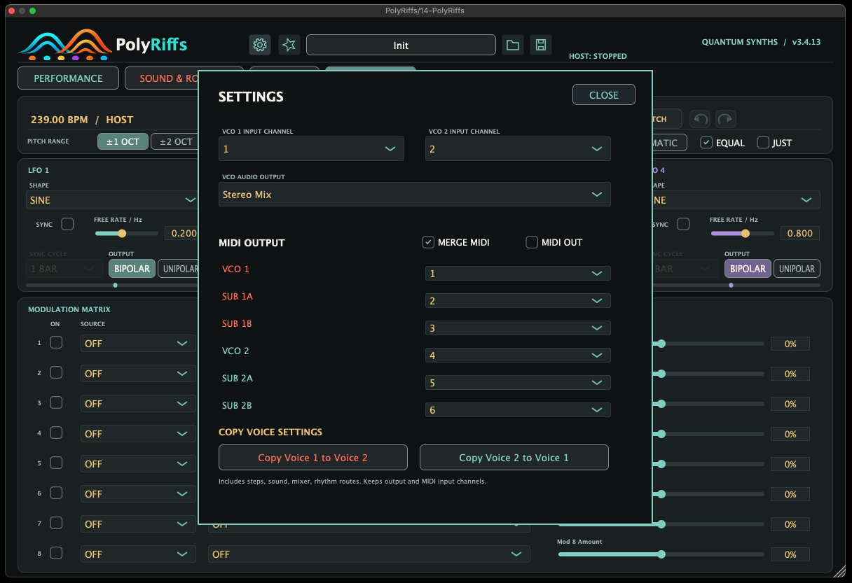 PolyRiffs 3.4.13 MIDI input and output settings and Copy Voice controls