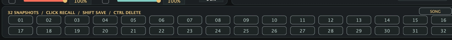 Actual PolyRiffs 32 snapshot buttons with the SONG button at upper right