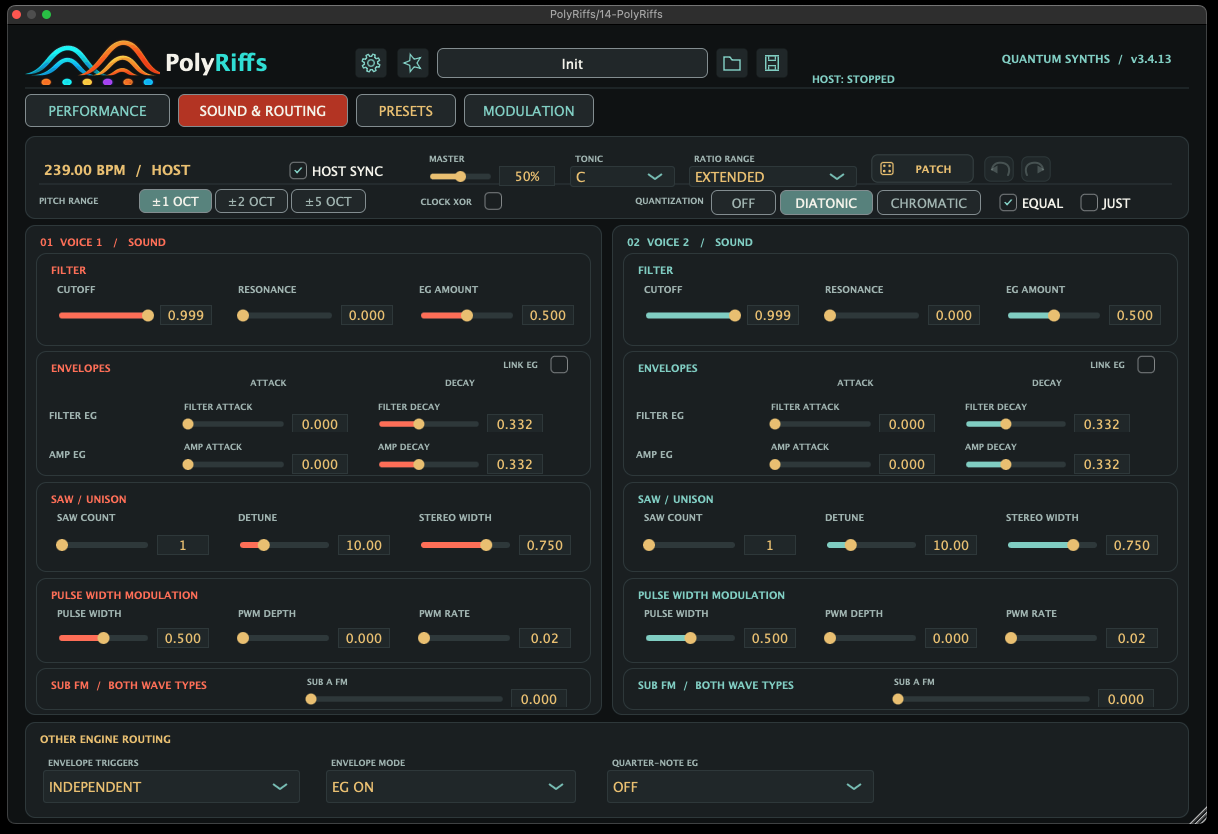 PolyRiffs Sound and Routing tab with filters, envelopes and oscillators